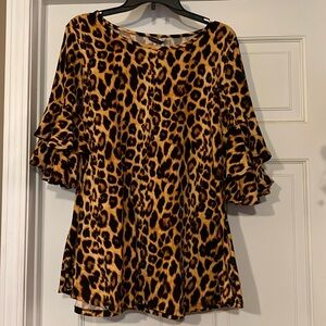 Boutique Leopard 3/4 Sleeve Ruffle Top